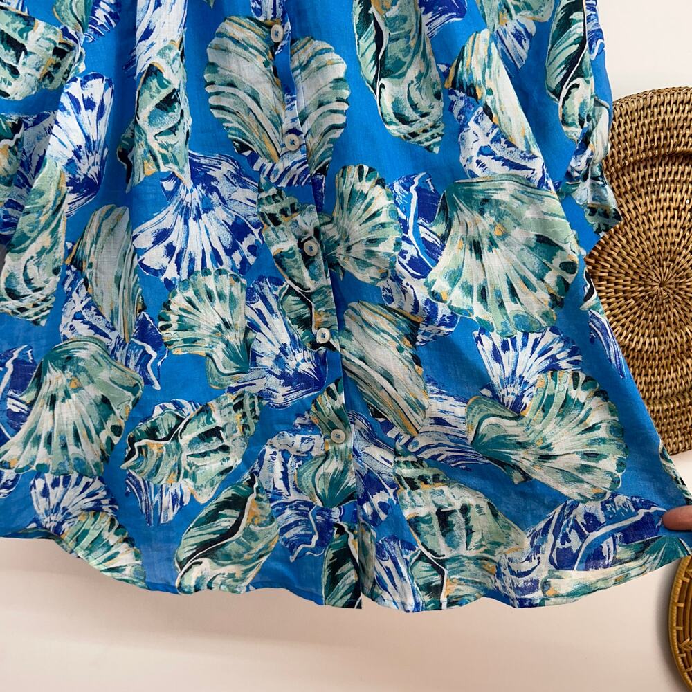 Chico's Blue White Shell Print Button Up Puff Sleeve Top Blouse 12 Summer - Picture 4 of 7